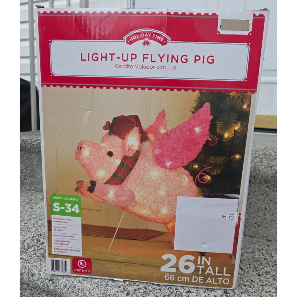 Holiday Time Light-Up Tinsel Flying Pig Christmas Yard Decoration 26” NEW